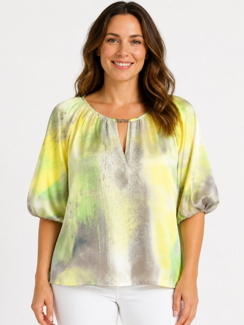 DKNY Abstract Print Satin Blouse Yellow Green Gray Size M